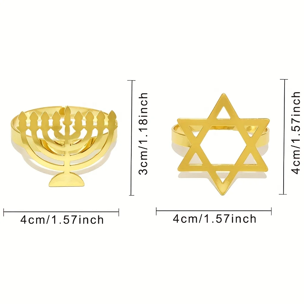 6Pcs Hanukkah Menorah Napkin Rings Gold Silver Rhinestone Star Cloth Holder Buckles Set Chanukah Jewish Party Table Decoration view 4