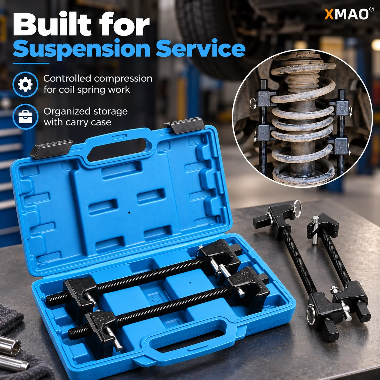 2Pcs Automotive Coil Spring Compressor Set Heavy Duty Strut Shock Suspension Removal Installer Tool Kit with Storage Case