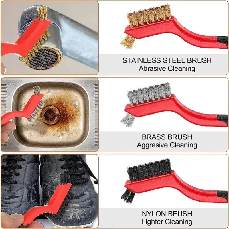 3Pcs/Set Mini Brush Set Of Three Kitchen Brushes For Gas Hoods Grease And Stain Removal Cooktop Cleaning Tools Steel Wire Small