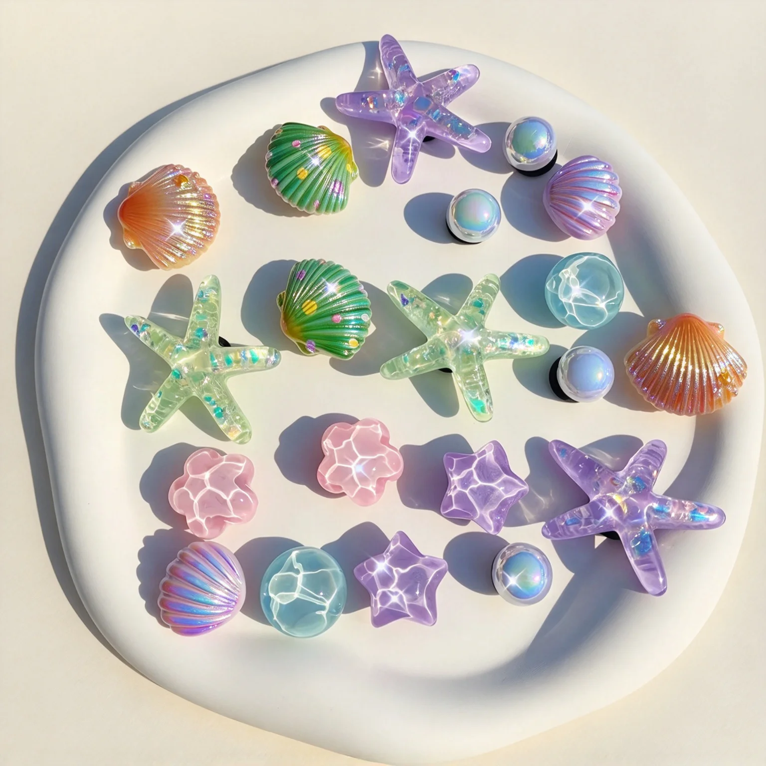 20 Green Sequin Starfish, Purple Sequin Starfish, Gold Shell Pink Water Ripple Flowers, Purple Water Ripple Five-Pointed Star Shoe Clips - Multifunctional Accessories for Women's Sandals, Slippers, and Beach Bags. The Perfect Choice for Holiday and Birthday Party Gifts.
