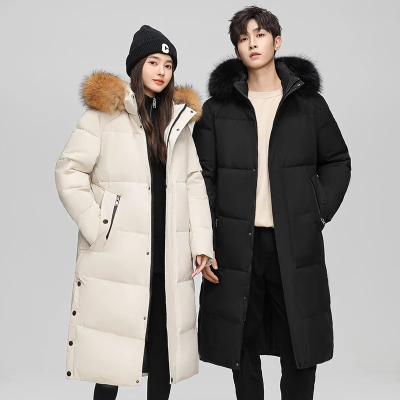 Inverno para baixo jaqueta masculina high-end moda engrossado com capuz longo pato branco para baixo pique parka casual neve quente feminino puffer jaqueta