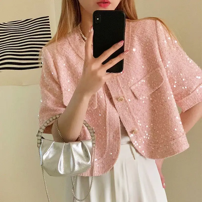 Summer High Quality Korean Tweed Paillette Short Sleeve Jacket Coat Women Korean Fashion Sequin Short Outerwear Top