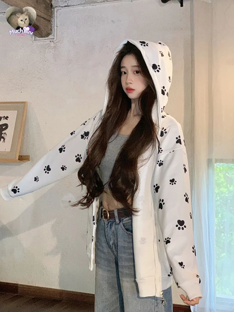 Many Cute Dog Paw Print Hooded Zippered Hoodies for Woman Spring and Autumn Fashion Trend Casual Comfy Sweet Thin Coat Harajuku