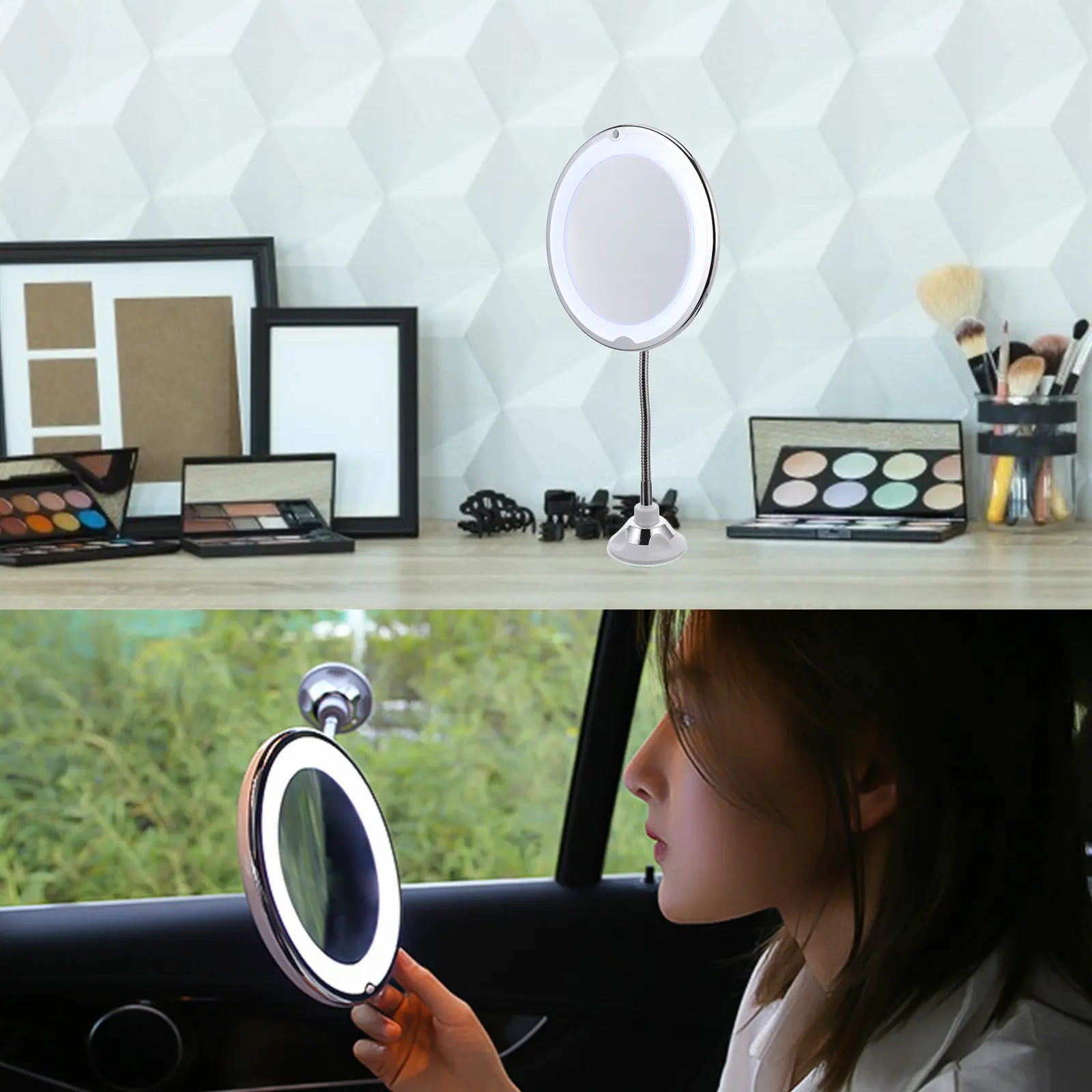 

Зеркало для макияжа с 10-кратным увеличением, вращением на 360°, LED-подсветкой и присоской для точного нанесения макияжа лица и глаз