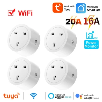 16A 20A Tuya Smart Socket WiFi UK Plug Home Power Outlet With Energy Monitoring Smart Life Timer Voice Control Alexa Google Home