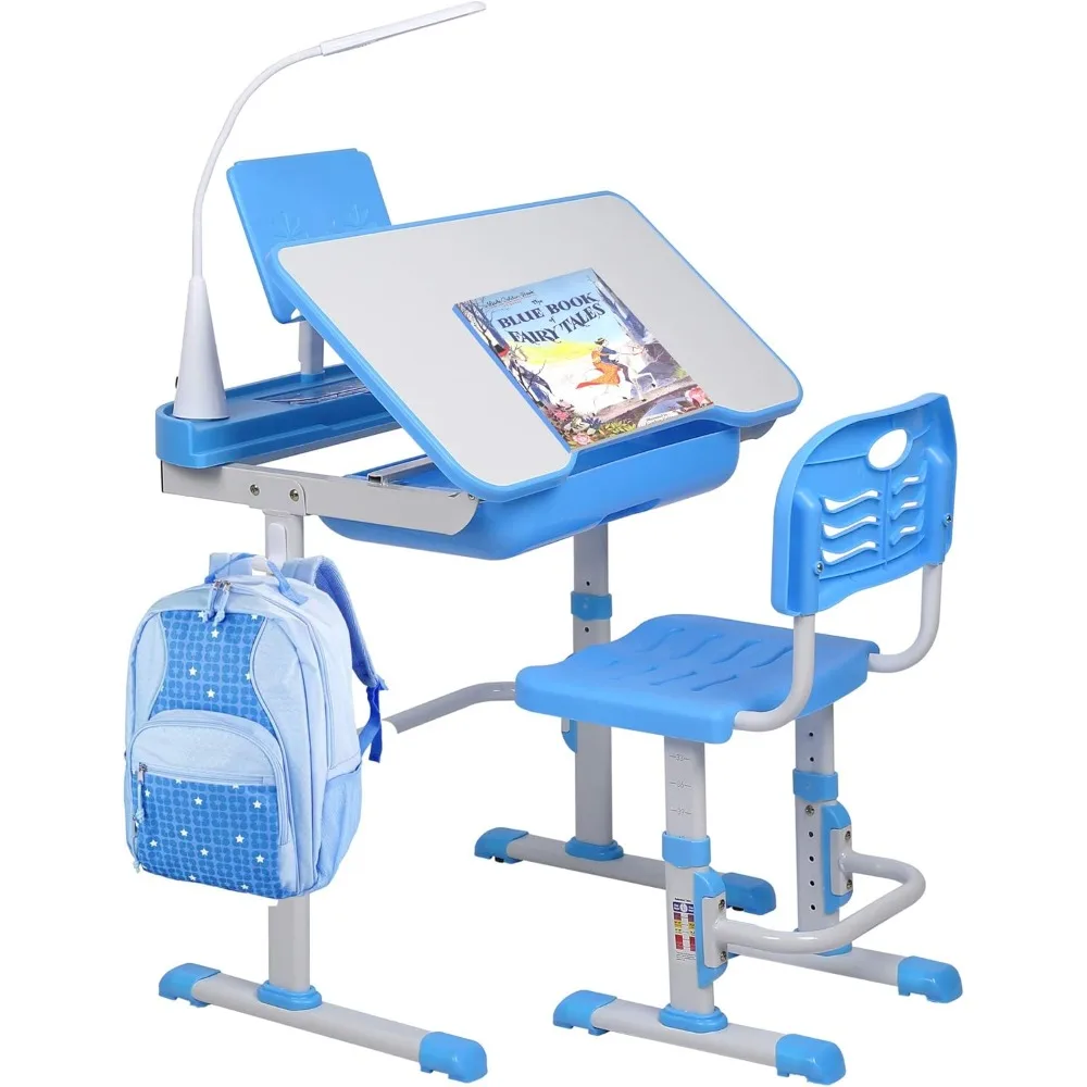 Juego de escritorio y silla para niños, mesas de escritura de estudio escolar para niños, altura ajustable, escritorio inclinable, luz LED, cajón de almacenamiento