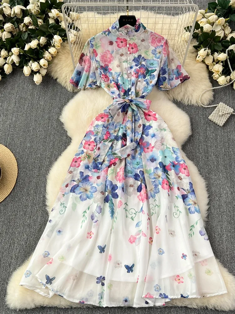 

New Summer Elegant Long Holiday Dress Women Chiffon Fashion Printed Floral Dresses Vintage Female Long Robe Casual Vestidos