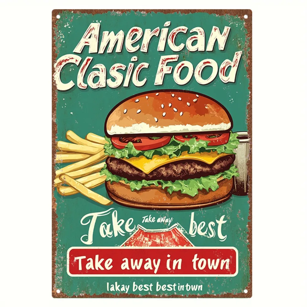 （2D Tin painting）Vintage American Classic Food Metal Sign - Burger & Fries Wall Decor for Diner