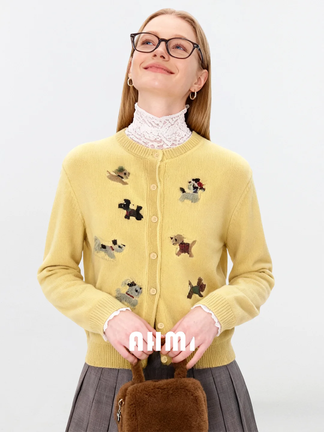 

Женский вязаный кардиган AHMI с вышивкой в мультяшном стиле, модный, в университетском стиле, для многослойных образов, мягкий, с животным принтом, с длинными рукавами