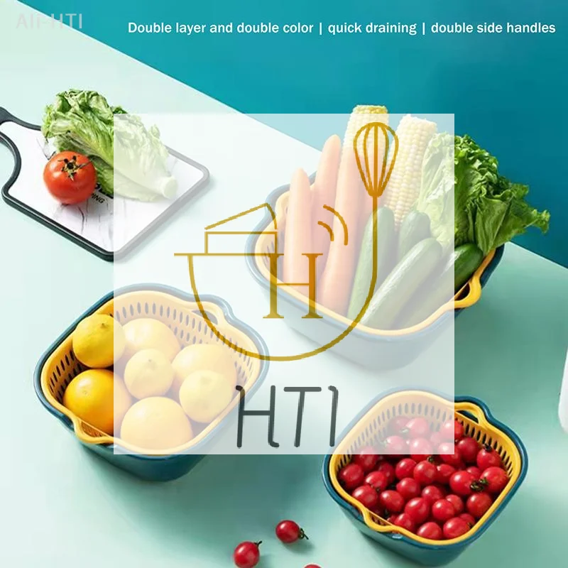 6 Pcs Fruit And Vegetable Drain Basket Plastic Green Yellow Household Double-layer Storage Basket Kitchen Tools Drain Storage