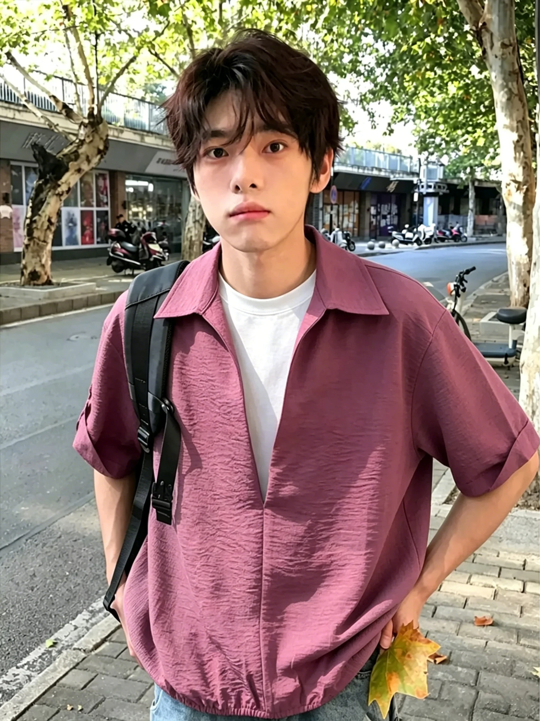 Purple Short Sleeve V-Neck Patchwork Men's Shirt Summer Casual Loose Fit Fake Two-Piece UV Protection Linen-Like Shirt