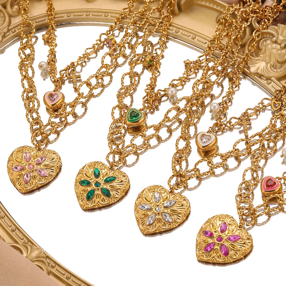 

GIOIO Stainless Steel Big Love Heart Pendant Necklace For Women Retro Luxury Necklace Zircon Jewelry Fashion Heart Necklaces