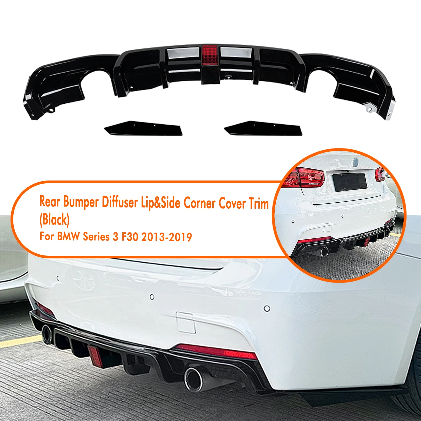 Rear Bumper Diffuser Lip With Light,Single Muffler Dual Out For BMW F30 3-Series M-Sport 2013-2019