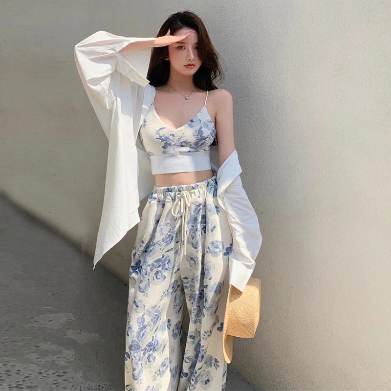 Women Fashion Summer Koran 2 Pieces Pant Sets Elegant Floral Print Sleeveless V-neck Tanks Tops Pants Kawaii Vacation Outfits