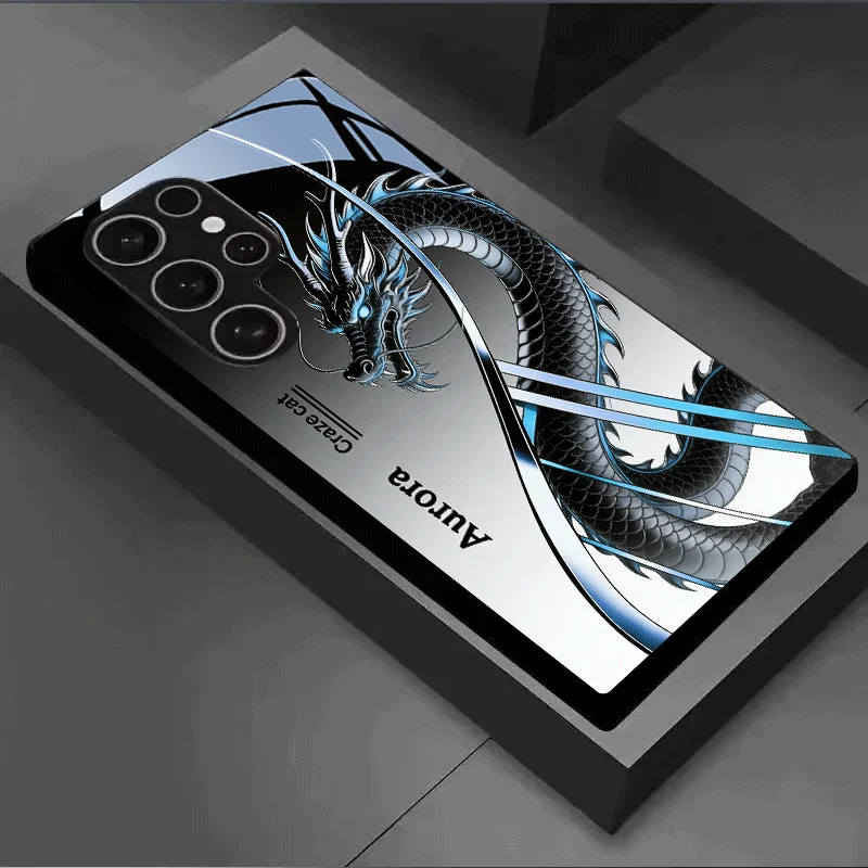 Ice Blue Dragon Shadow glass phone case for Samsung Galaxy S26 S25 S24 S23 S22 FE,Ultra,Plus superbright Durable shock-resistant