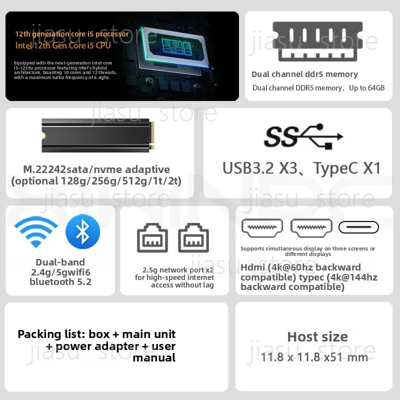Mini PC 12th Gen i3/i5/i7 NUC Dual 2.5Gbe HDMI WiFi6 USB-C Compact Desktop Computer
