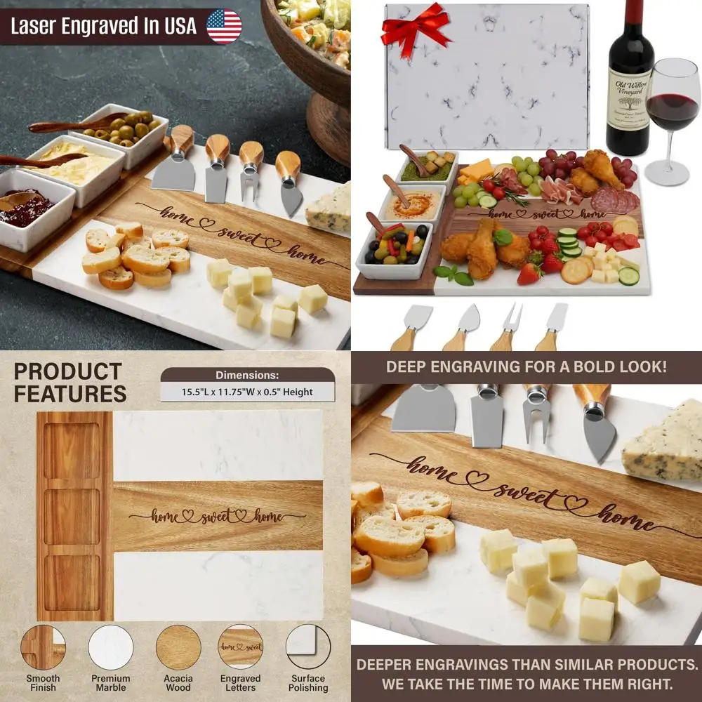 

EMM Marble-Style Serving Set: 3-Piece Charcuterie Board, 3 Bowls, 3 Spoons, 4 Utensils, Perfect for Housewarming and Wedding Gif