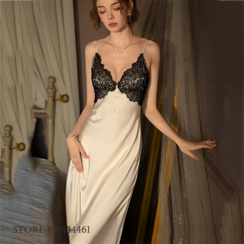 Elegant Female Long 2PCS Robe Set Nightgown Sexy Lace Trim Nightdress Lingerie New Ice Silk Satin Sleepwear Kimono Gown Bathrobe
