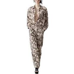 Single Breasted Long Sleeved Top and High Waist Pants Set for Women Printed Animal Pattern Top Wide Leg Pants New