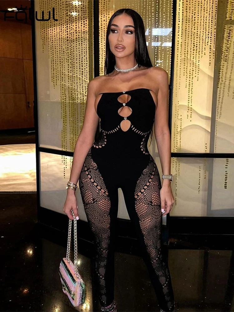 

Habbris Spring Sexy Black Hollow Out Bodycon Jumpsuit Night Club Outfits Women 2024 Halter Backless Bandage One Pieces Jumpsuits