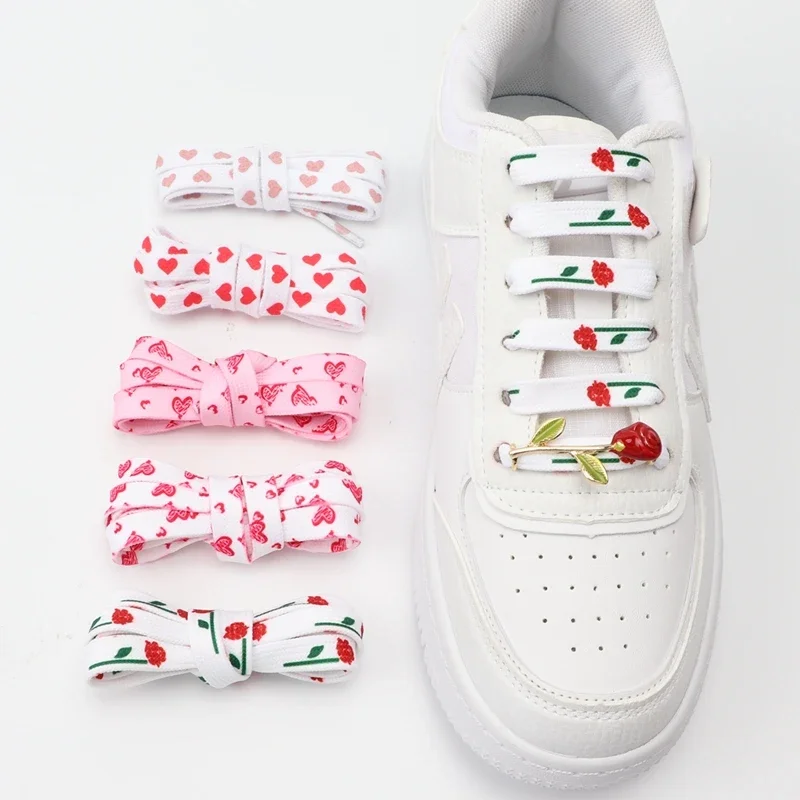 

Heart Love Rose Flower Shoelaces Print Flat Sneakers AF1 Shoelaces Women High Canvas Shoe Laces Decorative Buckles Gift One Pair