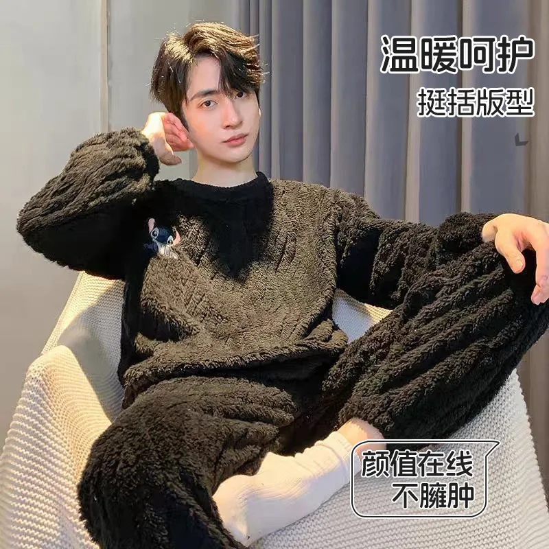 Fashion Deisgn Men Flannel Pajamas Suit Autumn Winter Thick Warm Round Neck Pullover Homewear Soft Coral Fleece Loungewear Male