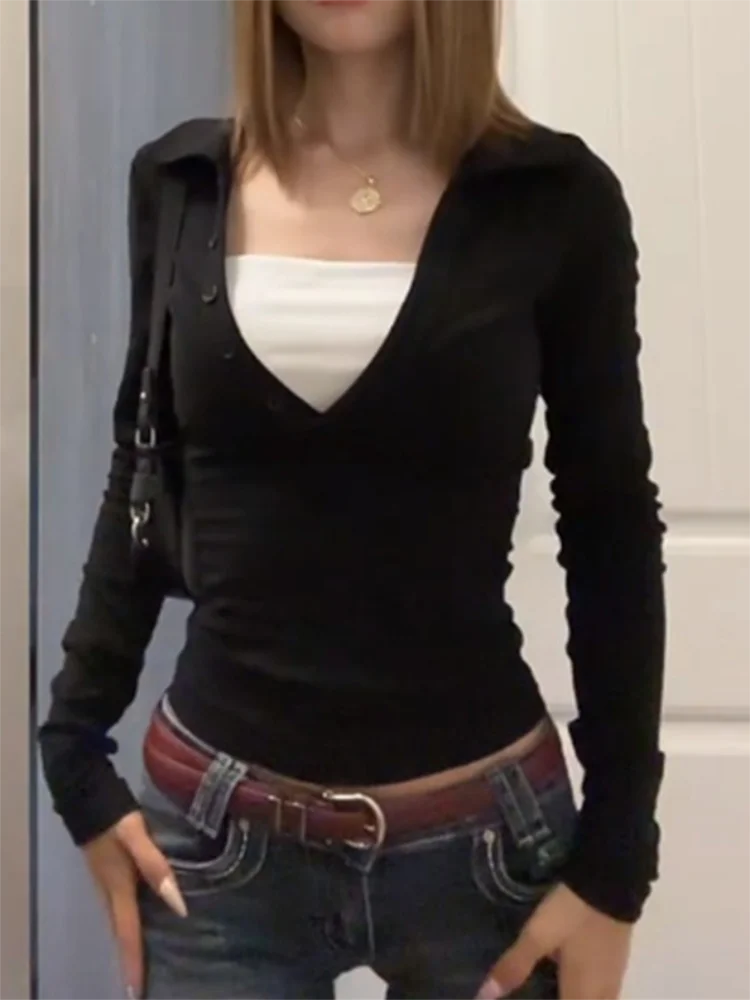 

Y2K поддельная футболка из двух предметов, женская модная лоскутная эстетичная футболка, черная женская осенняя облегающая футболка с длинным рукавом