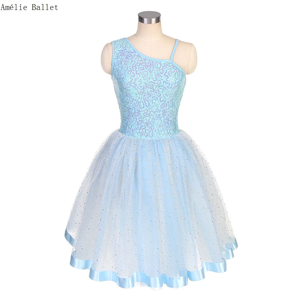 

22510 Sky Blue Sequin Lace Spandex Bodice Romantic Ballet Long Tutu for Women and Girls Stage Performance Ballet Dance Dressds