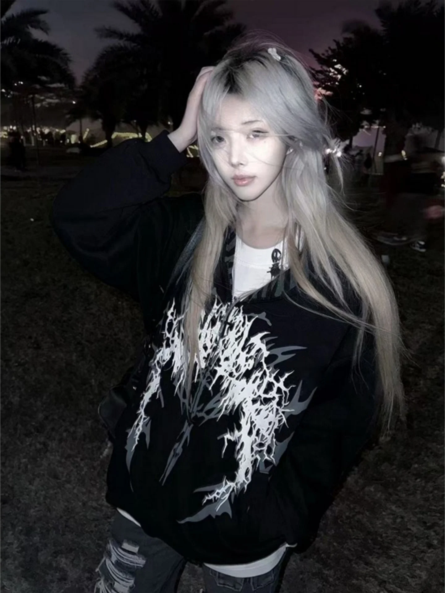 Gothic Print Hoodie Jacket Men's Loose Unisex Long Sleeve Zipper Decorated Dark Thorn Youth Fashion Summer Outerwear