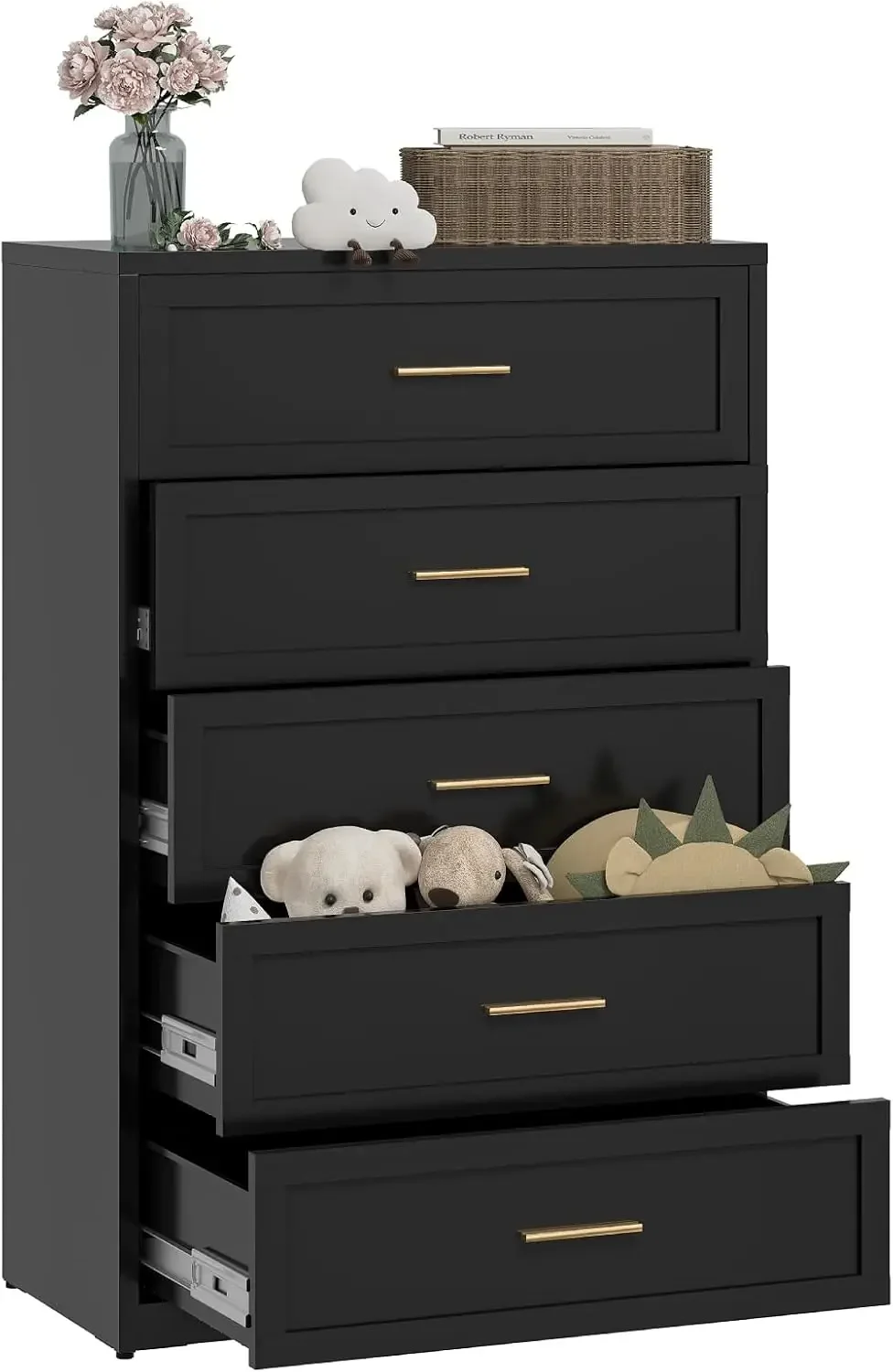 Metal Dresser for Bedroom, Black 5 Drawer Bedroom Dresser with Gloden Handle, Dressers & Chests of Drawers for Nightstand