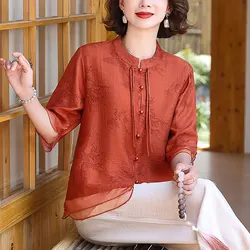 Chinese Style Stand Collar Shirt for Women Casual Half Sleeve Vintage Printed Commute Single-Breasted Blouse Summer Clothing New