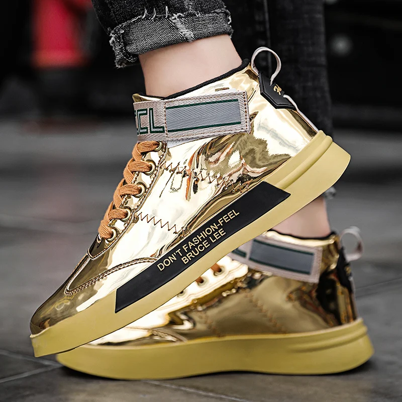 Hot Fashion Glitter Mens Golden Shoes Luxury Brand Sneakers Men Hip Hop Designer Skateboard Shoes Casual High Top Sneakers Male