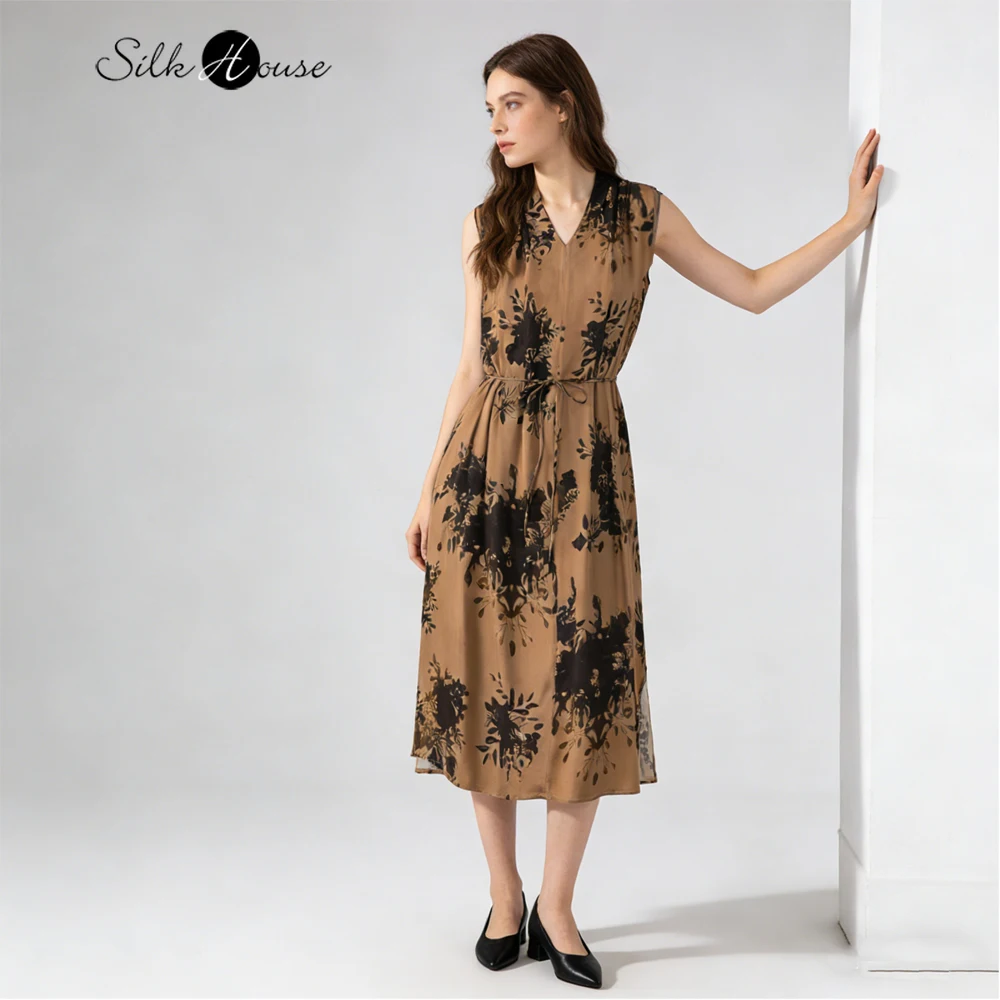

Retro 26MM 93% Natural Mulberry Silk Elastic Heavy Crepe V-neck Split Tea Brown Women's Summer Fashionable Printed Dress