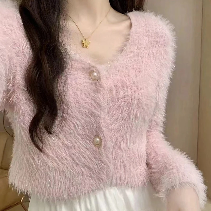 Korean Shiny Knitted Cardigan For Women 2024 New Chic V-Neck Long Sleeved Short Sweater Autumn Winter Commuting Simple Tops