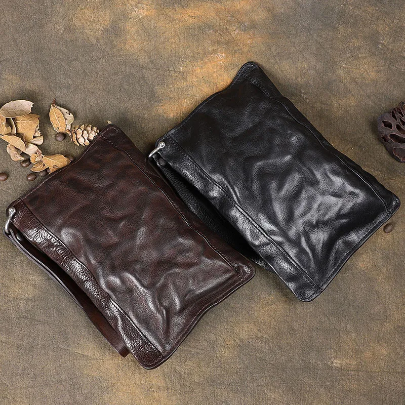 Vintage luxury genuine leather pleated men\'s clutch bag casual outdoor high quality natural real cowhide multi-card coin purse