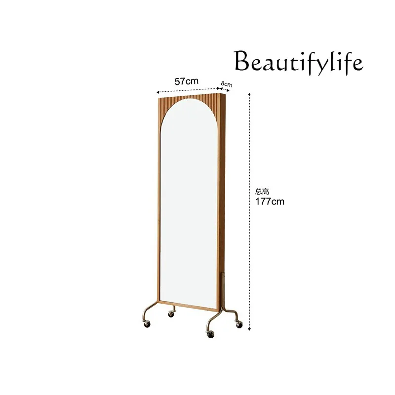 Solid wood full-body mirror push-pull movable rotating floor cherry wood bookshelf bedroom retro full-length mirror