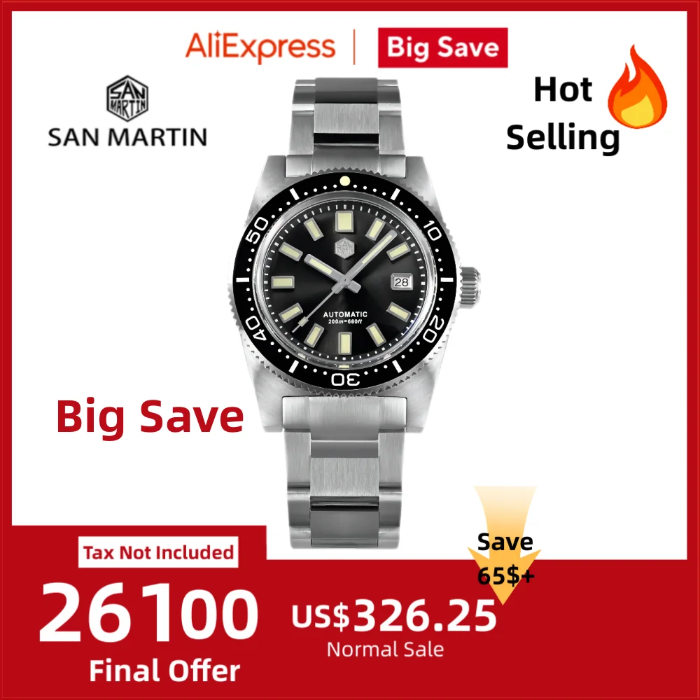 

San Martin 37mm 62Mas Diving Watch Automatic Mechanical Wristwatch PT5000 SW200 Sport 20Bar Sapphire Luxury Luminous SN0007X-0