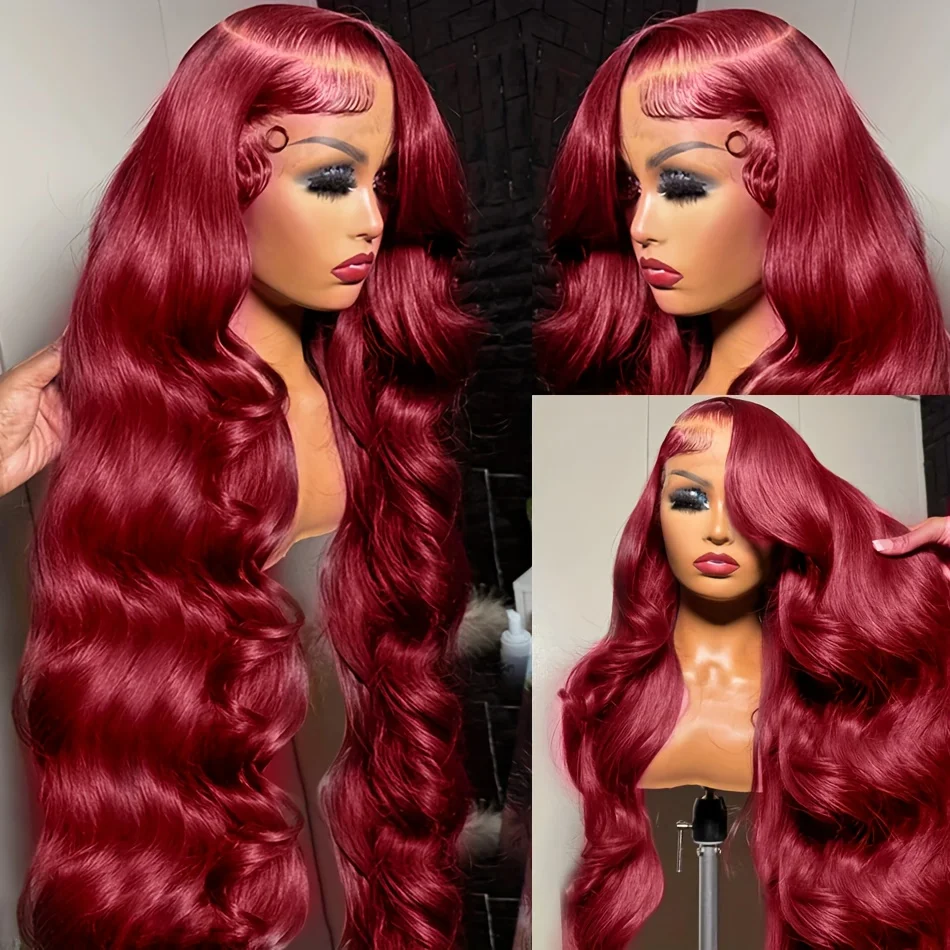 Perruque Lace Front Wig Body Wave Brésilienne Naturelle, Cheveux Humains, Transparent HD, Couleur Bordeaux 99J, 13x6, 360, pour Femme