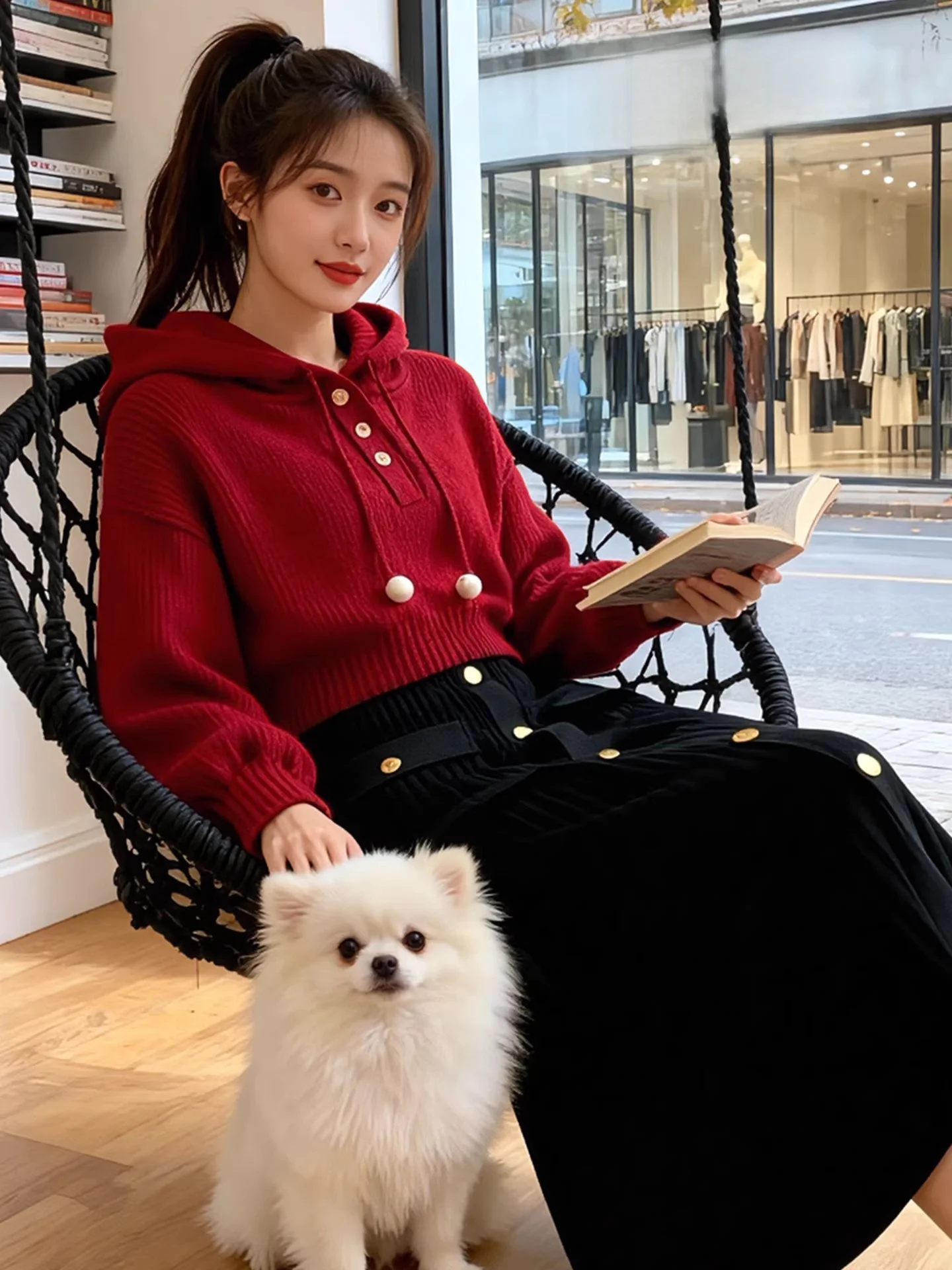 Zoete zachte Cisas rode trui met capuchon dames Sle herfst winter 2025, nieuwe afslankende veelzijdige basislaag top