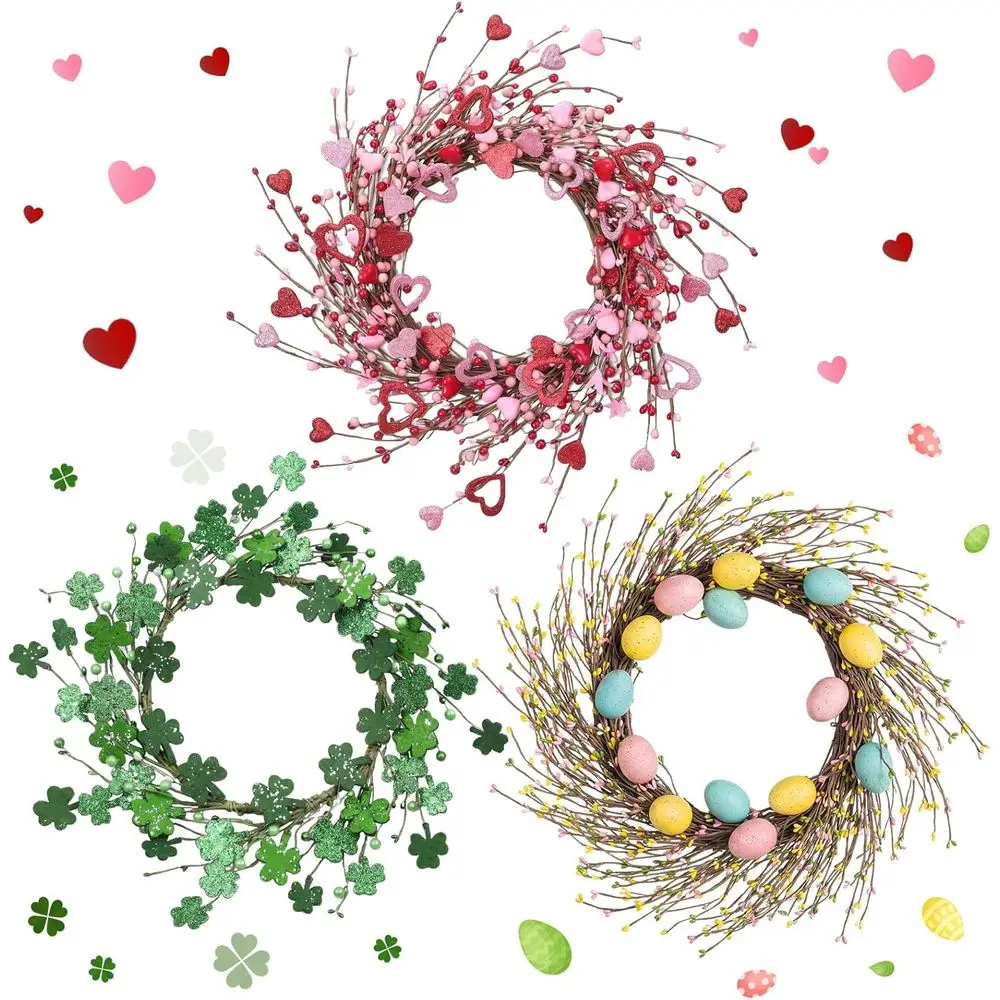Guirnaldas de San Valentín y Pascua de 15.7 Pulgadas, Juego de 3, Decoración Artificial con Corazones Rojos y Rosas, Bayas, Tréboles y Huevos