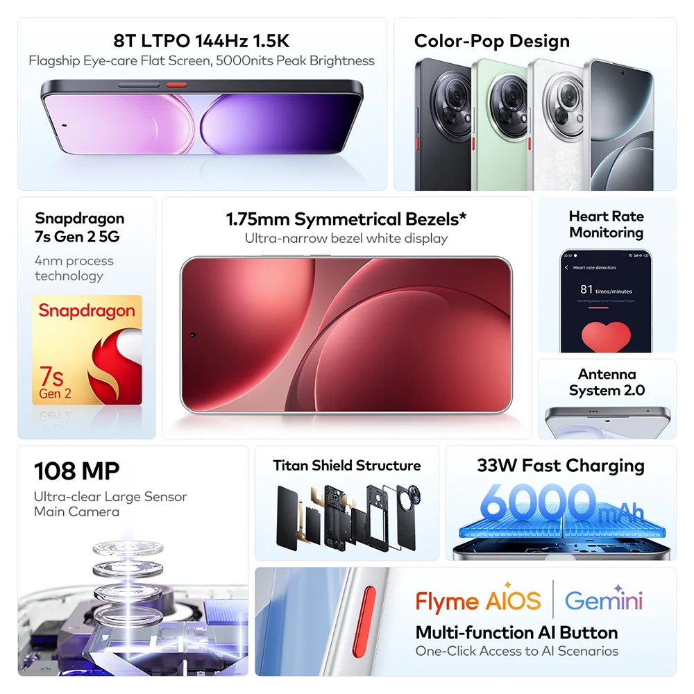 Meizu Lucky 08 الرائد 5G أندرويد 15 Flyme AI OS هاتف محمول ذكي شاشة 144 هرتز الهاتف الذكي Snapdragon 7s Gen 2 الهاتف المحمول