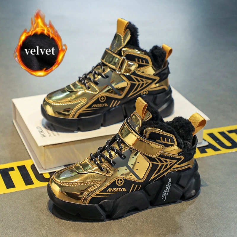 

Зимние бархатные золотые кроссовки для мальчиков, легкие нескользящие детские кроссовки, теплая спортивная обувь с высоким берцем, детские повседневные кроссовки