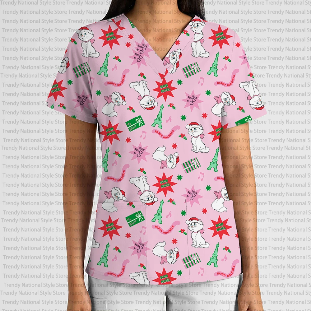 เสื้อยืดคอวีมีกระเป๋าสำหรับผู้หญิง ลายแมวมารี ดีไซน์แฟชั่น สำหรับชุดยูนิฟอร์มทำงาน ผ้าเนื้อนุ่ม ระบายอากาศดี เหมาะสำหรับใส่ในโรงพยาบาล คอลเลคชั่นใหม่ฤดูร้อน ดีไซน์คริสต์มาสจากดิสนีย์