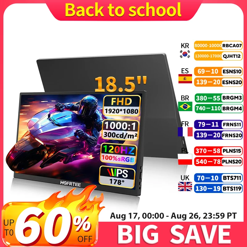 HGFRTEE 18.5 Inch 120Hz Monitor 300Cd/m 100% SRGB Gaming PC Computer Display Mini HDMI-Compatib/Type-C For PS4/5 Xbox Switch