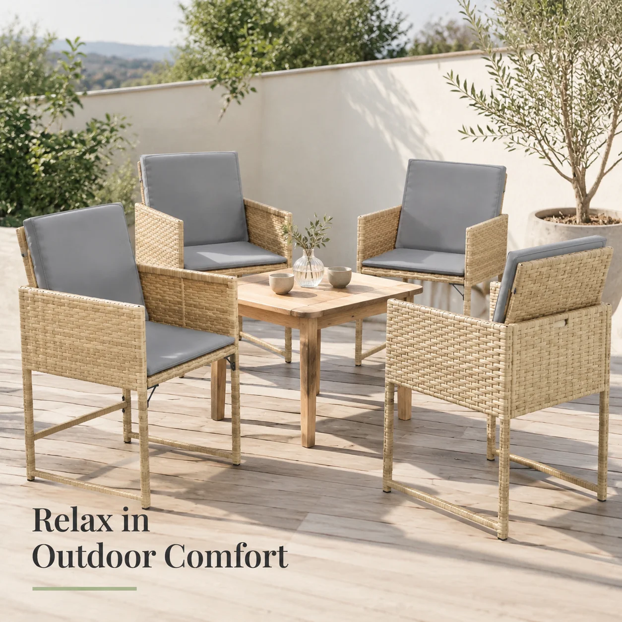 Ensemble de 4 chaises de jardin d'extérieur avec coussins, meubles de patio en polyrotin beige