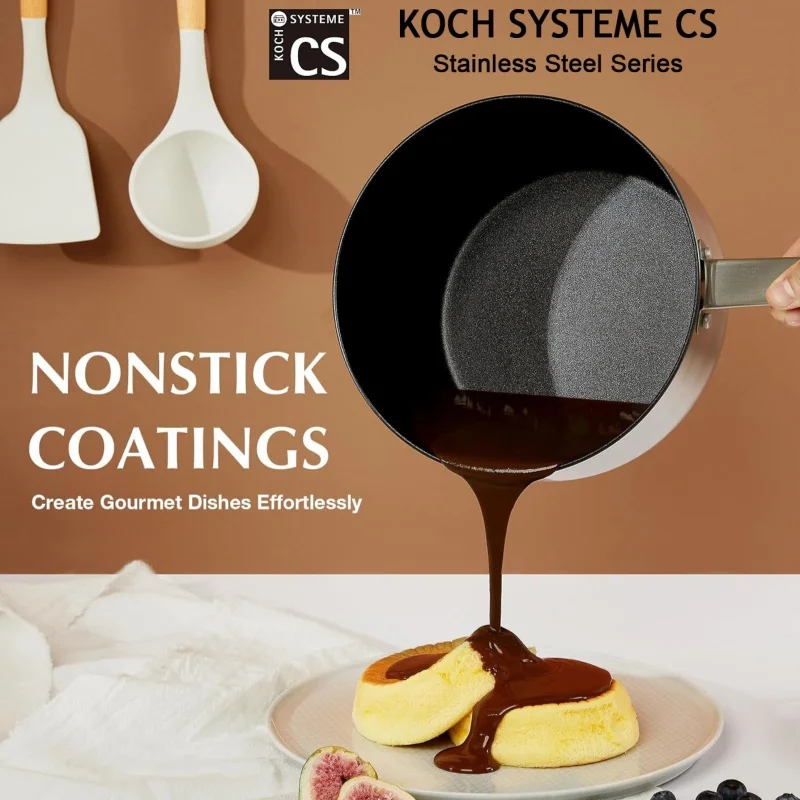KOCH SYSTEME CS Juego de ollas para estofado de acero inoxidable Olla para salsa de 1QT, 2QT y 3QT Olla para cocinar con revestimiento antiadherente con tapa Compatible con inducción