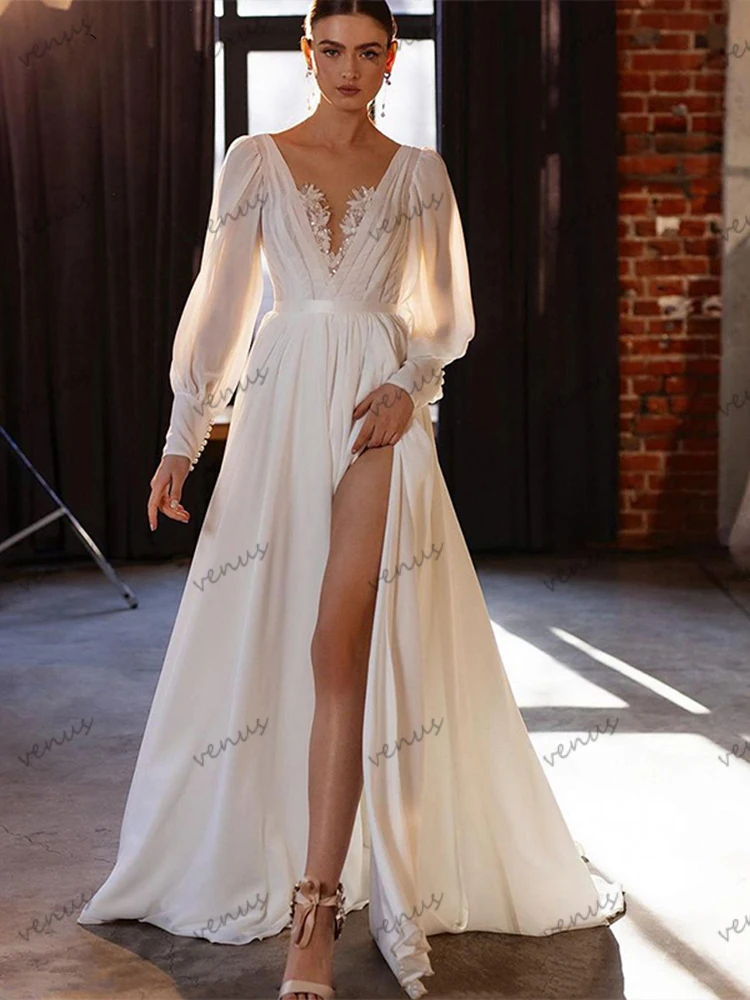 Charming Wedding Dresses A-Line Bridal Gowns Sexy Deep V-Neck High Slit Robes For Formal Party Chiffon Vestidos De Novia 2024