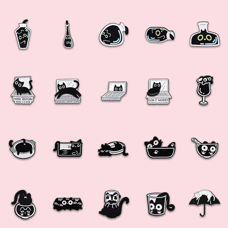 Nette Katze Emaille Pin Schwarz Flüssigkeit Katze Brosche Kleidung Anstecknadeln Taschen Zubehör Punk Tier Schmuck Geschenke Für Freunde