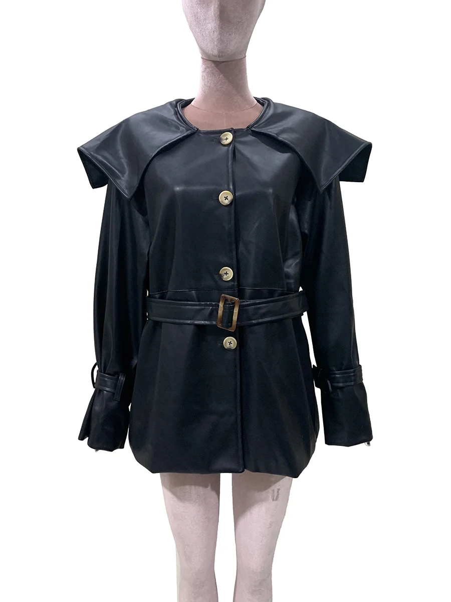 Primavera otoño abrigo de cuero Pu negro mujer cuello Peter Pan cinturón de manga larga un solo pecho elegante ropa de diseñador de lujo 2025