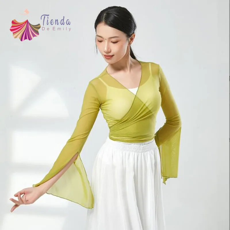 Sexy Gauze Wrap Top Transparent Mesh Tulle Shirt Horn Sleeve Women Classical Dance Basic Cardigan Look Through Modern Hanfu New